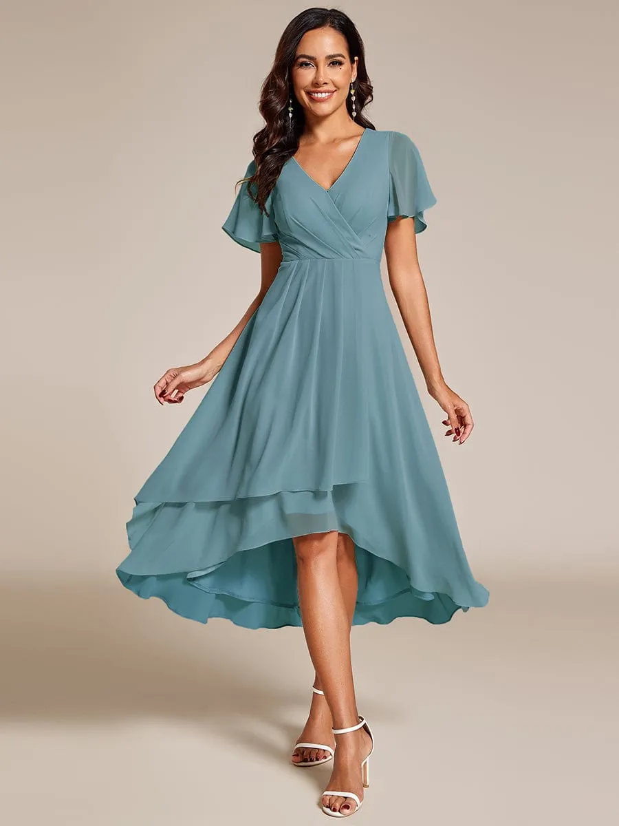 Ruffles Sleeve Pleated V-Neck A-Line Midi Chiffon Wedding Guest Dress