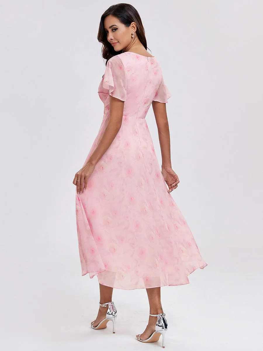 Ruffles Sleeve Pleated V-Neck A-Line Midi Chiffon Wedding Guest Dress