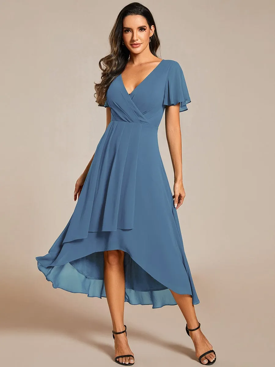 Ruffles Sleeve Pleated V-Neck A-Line Midi Chiffon Wedding Guest Dress