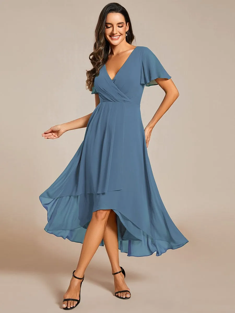 Ruffles Sleeve Pleated V-Neck A-Line Midi Chiffon Wedding Guest Dress