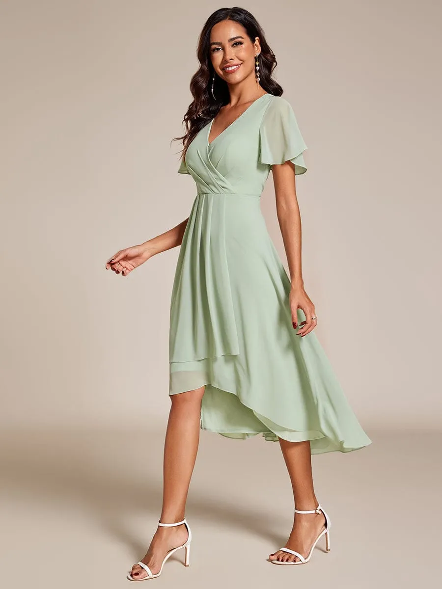 Ruffles Sleeve Pleated V-Neck A-Line Midi Chiffon Wedding Guest Dress