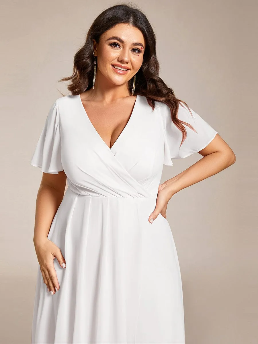 Ruffles Sleeve Pleated V-Neck A-Line Midi Chiffon Wedding Guest Dress