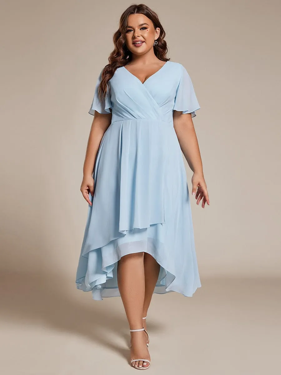 Ruffles Sleeve Pleated V-Neck A-Line Midi Chiffon Wedding Guest Dress