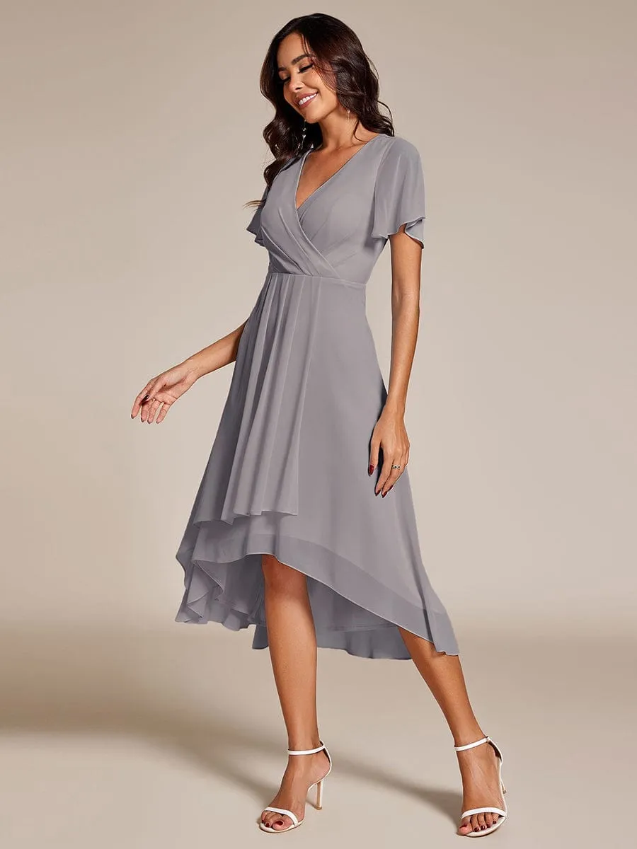 Ruffles Sleeve Pleated V-Neck A-Line Midi Chiffon Wedding Guest Dress