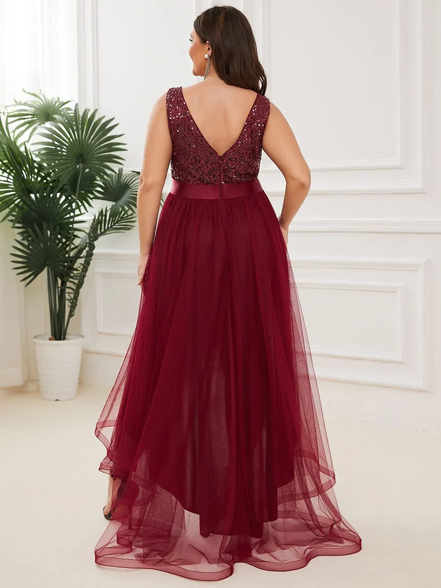 Sequin Bodice Tulle High-Low Evening Dress with Ribbon Waist