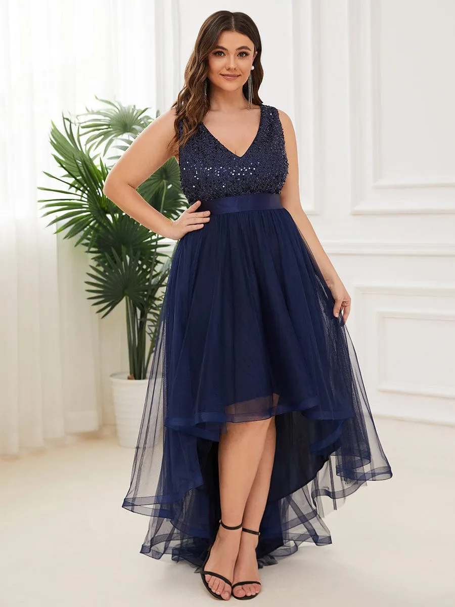 Sequin Bodice Tulle High-Low Evening Dress with Ribbon Waist