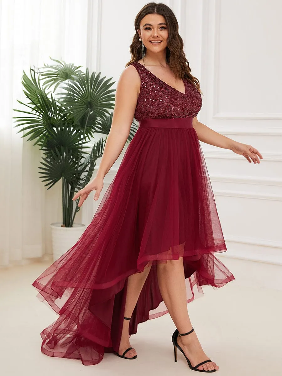 Sequin Bodice Tulle High-Low Evening Dress with Ribbon Waist