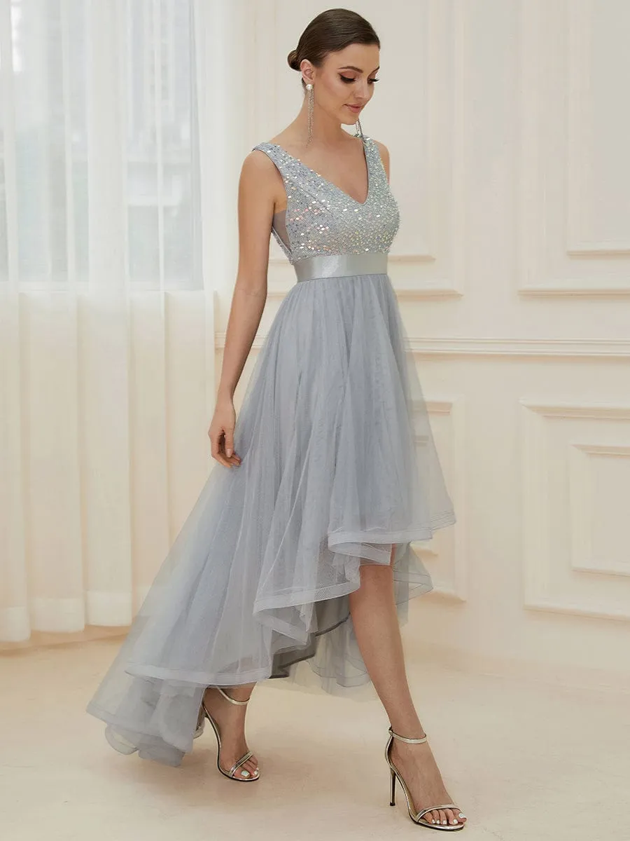 Sequin Bodice Tulle High-Low Evening Dress with Ribbon Waist