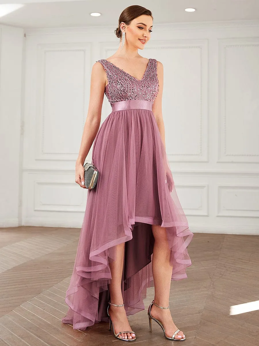 Sequin Bodice Tulle High-Low Evening Dress with Ribbon Waist