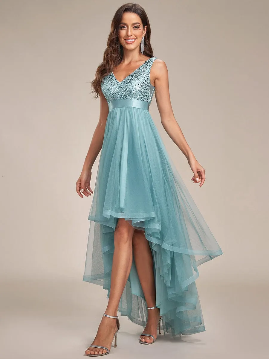 Sequin Bodice Tulle High-Low Evening Dress with Ribbon Waist