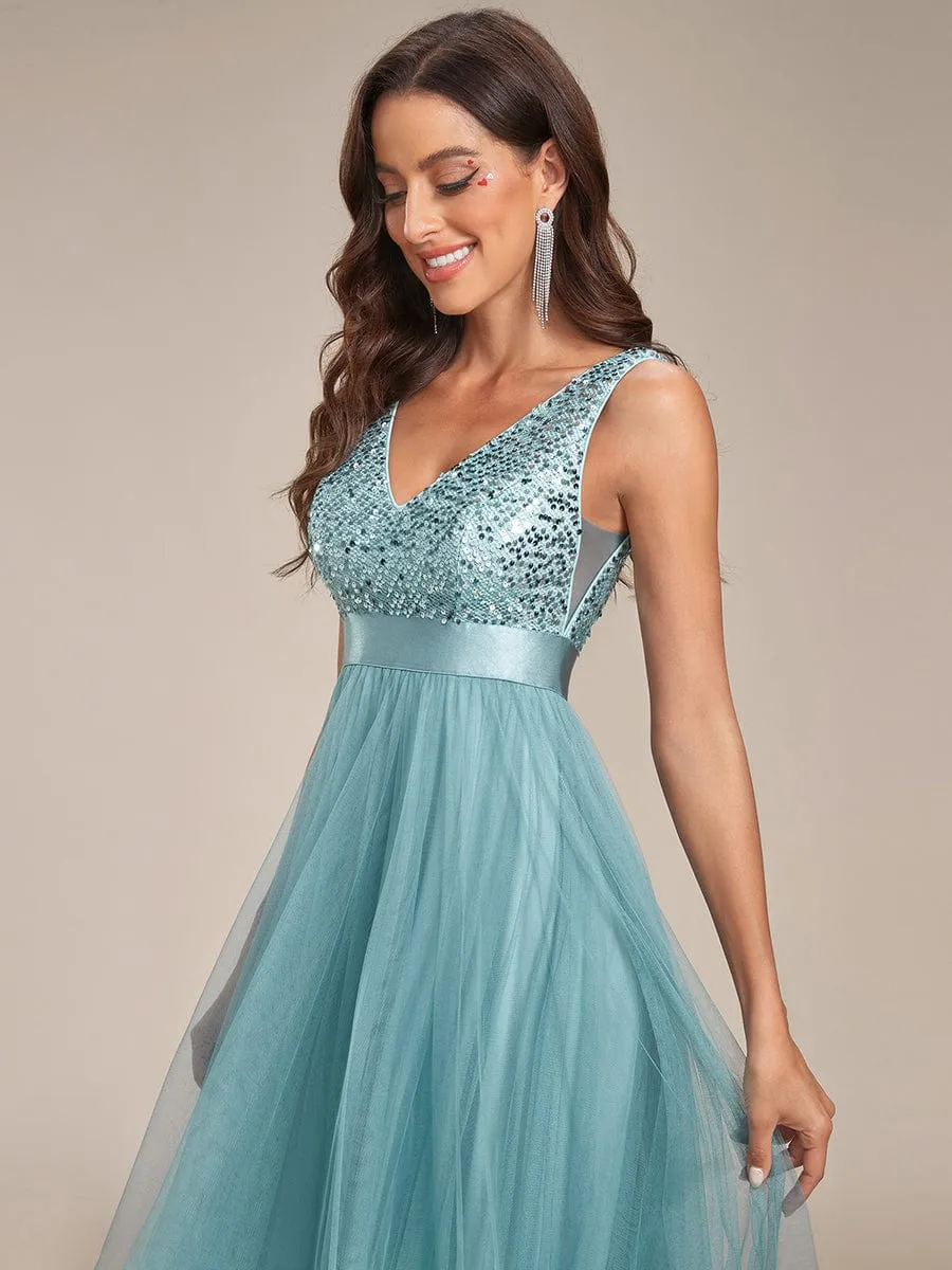 Sequin Bodice Tulle High-Low Evening Dress with Ribbon Waist