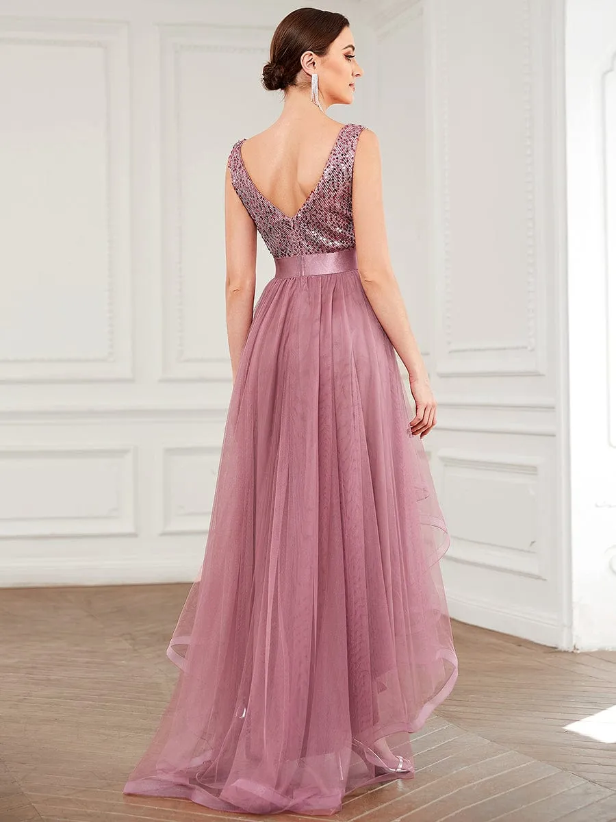 Sequin Bodice Tulle High-Low Evening Dress with Ribbon Waist