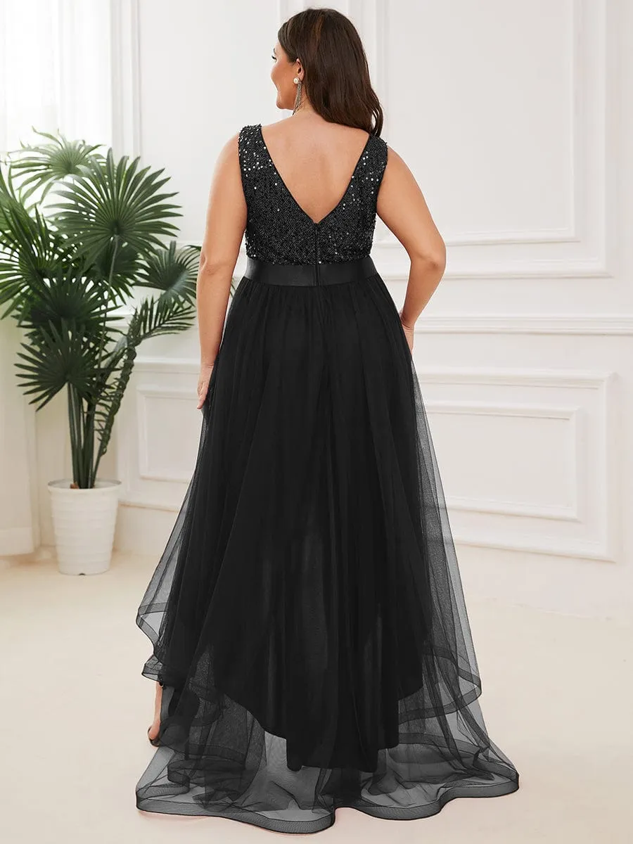 Sequin Bodice Tulle High-Low Evening Dress with Ribbon Waist