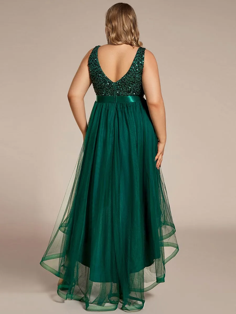 Sequin Bodice Tulle High-Low Evening Dress with Ribbon Waist