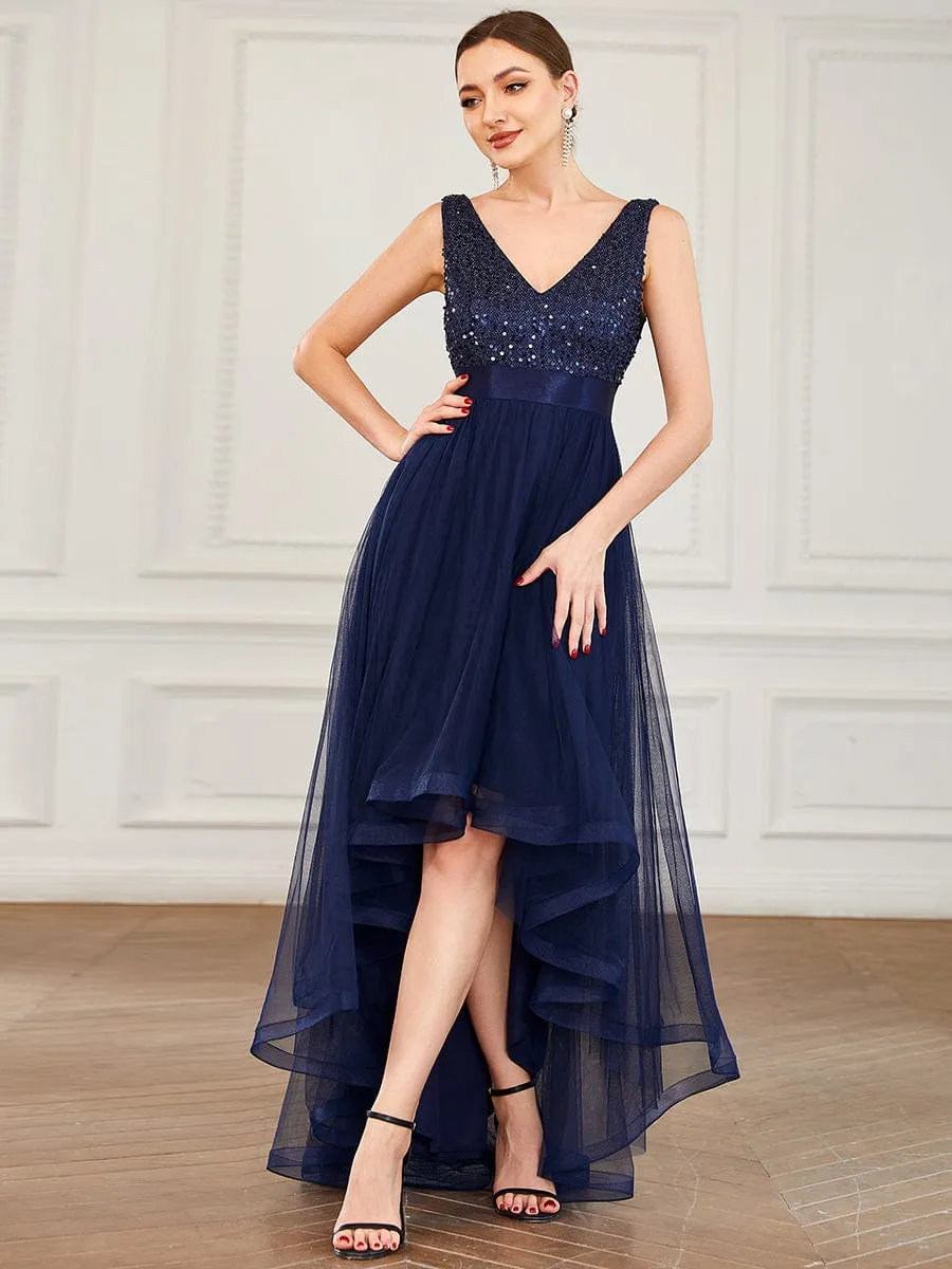 Sequin Bodice Tulle High-Low Evening Dress with Ribbon Waist