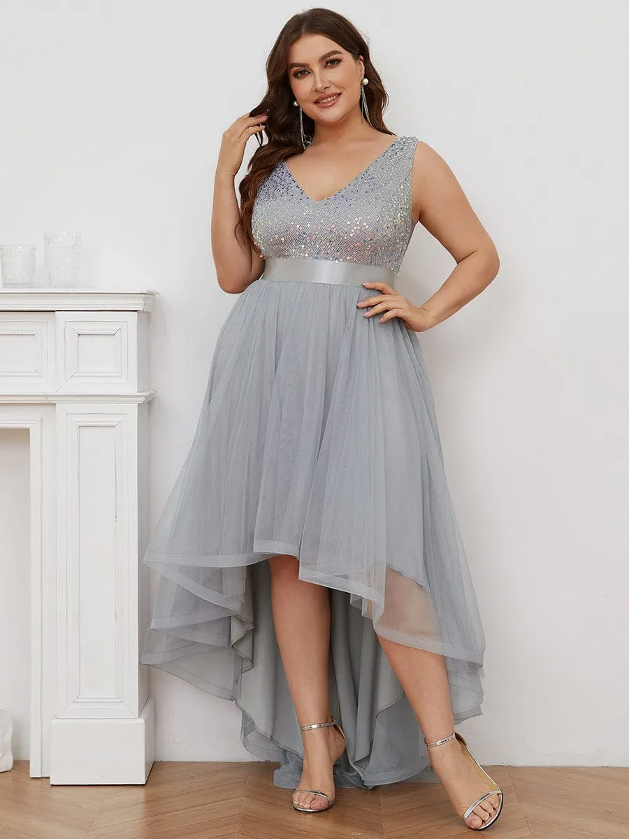 Sequin Bodice Tulle High-Low Evening Dress with Ribbon Waist