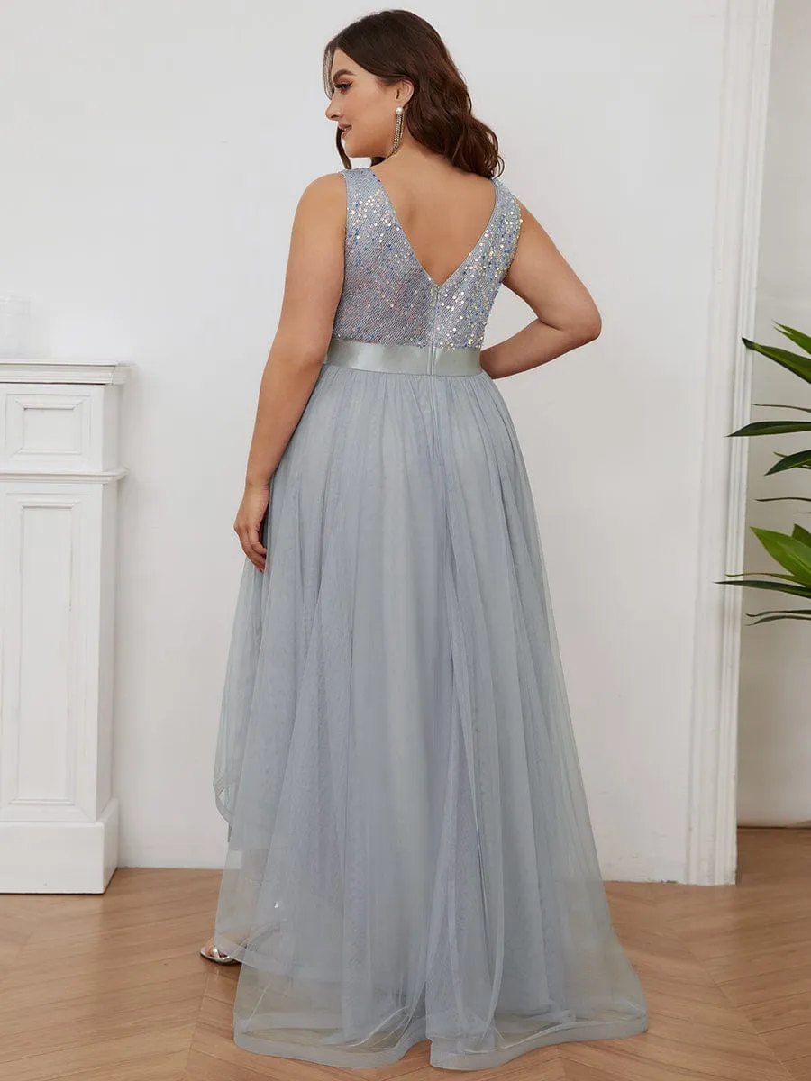 Sequin Bodice Tulle High-Low Evening Dress with Ribbon Waist