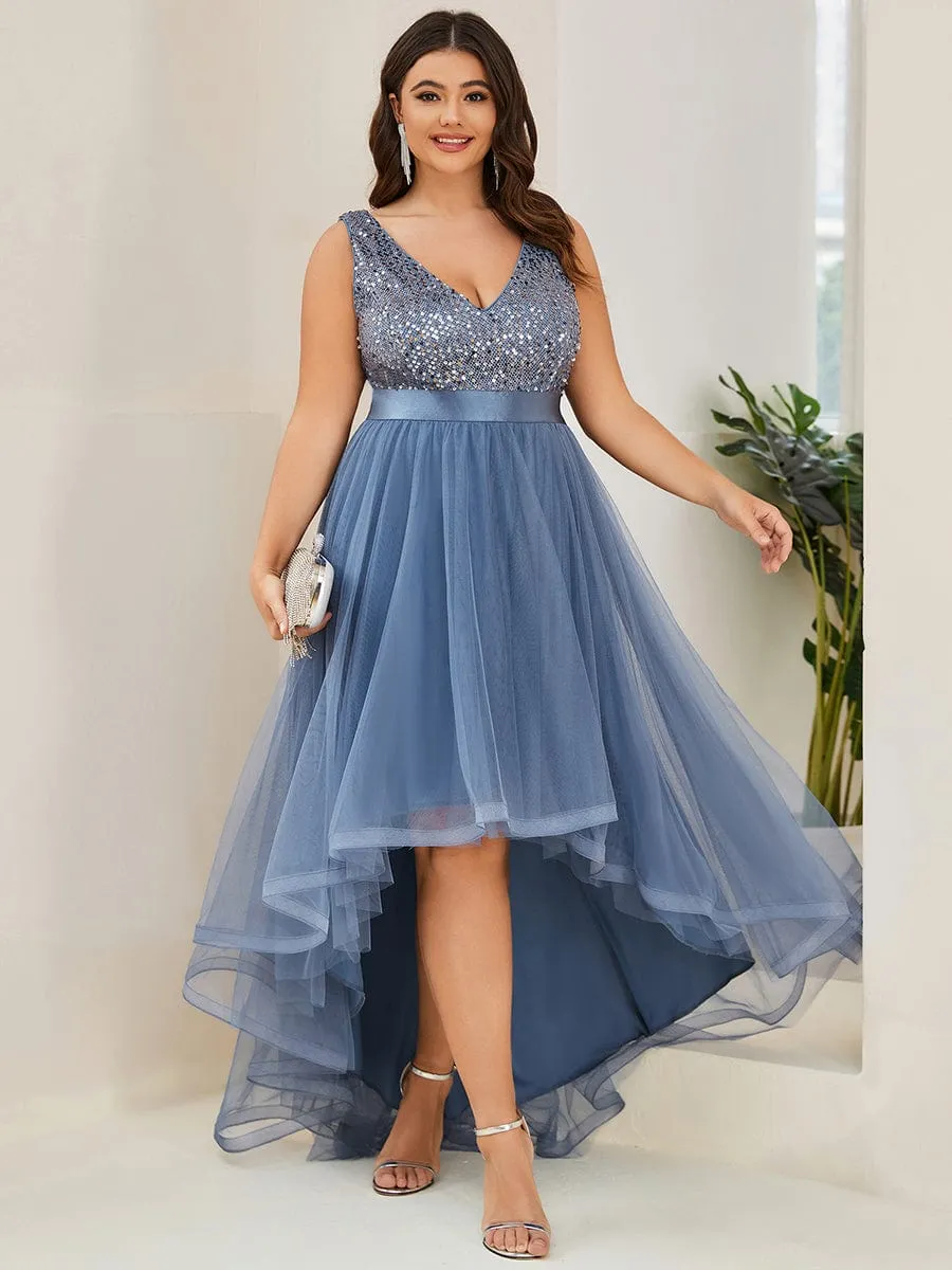 Sequin Bodice Tulle High-Low Evening Dress with Ribbon Waist