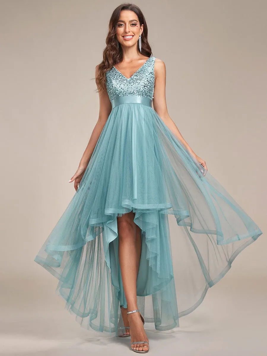 Sequin Bodice Tulle High-Low Evening Dress with Ribbon Waist