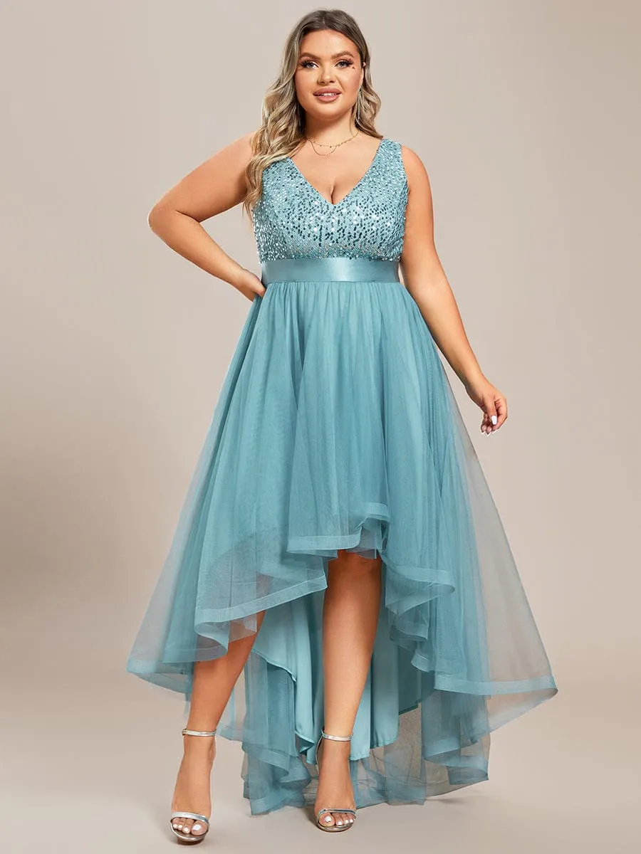 Sequin Bodice Tulle High-Low Evening Dress with Ribbon Waist