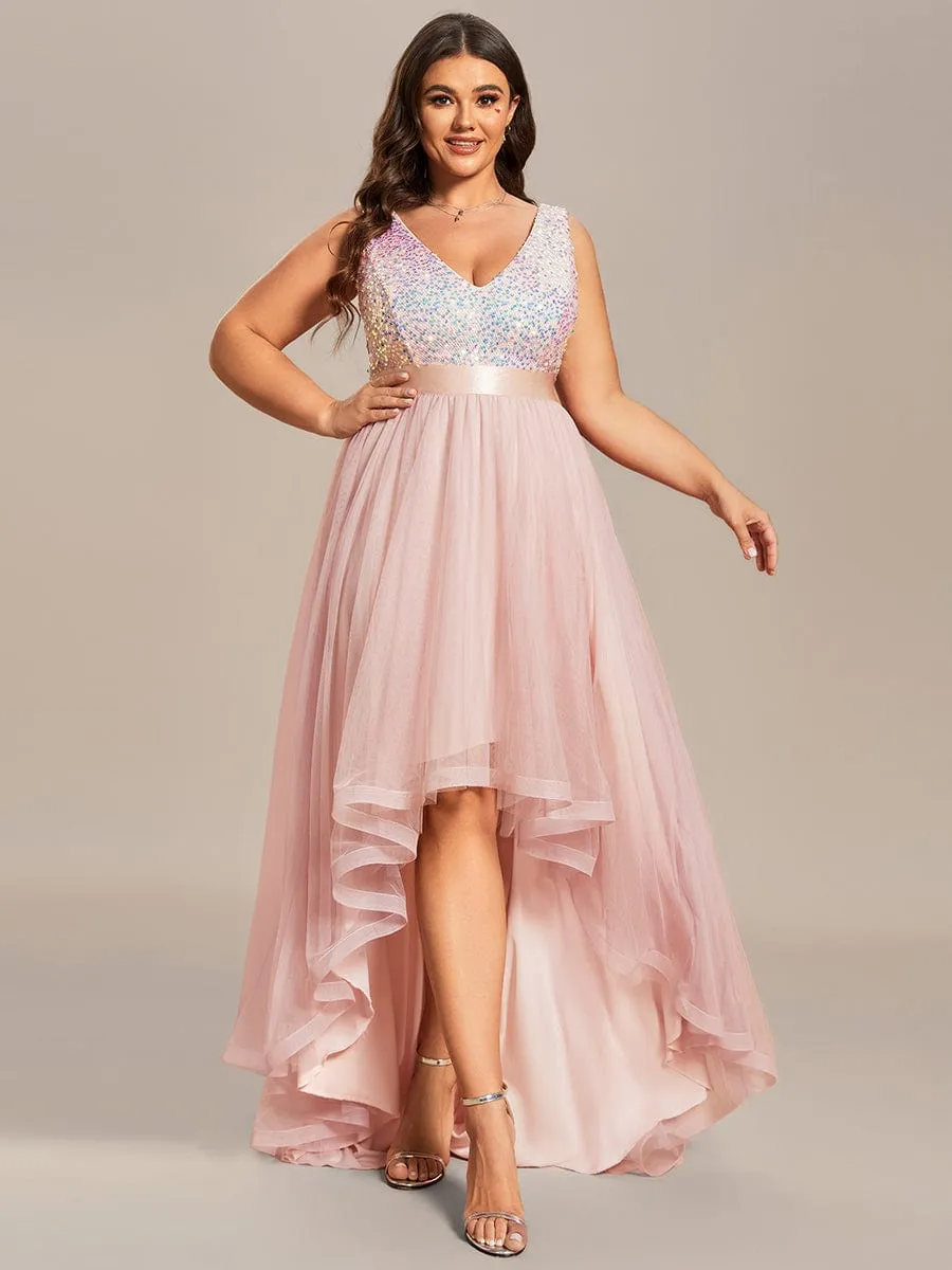 Sequin Bodice Tulle High-Low Evening Dress with Ribbon Waist