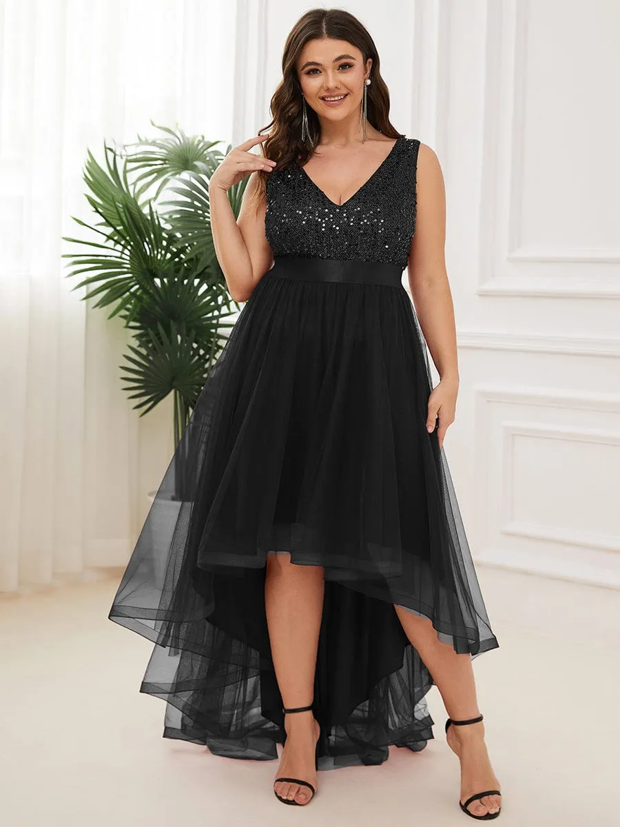 Sequin Bodice Tulle High-Low Evening Dress with Ribbon Waist