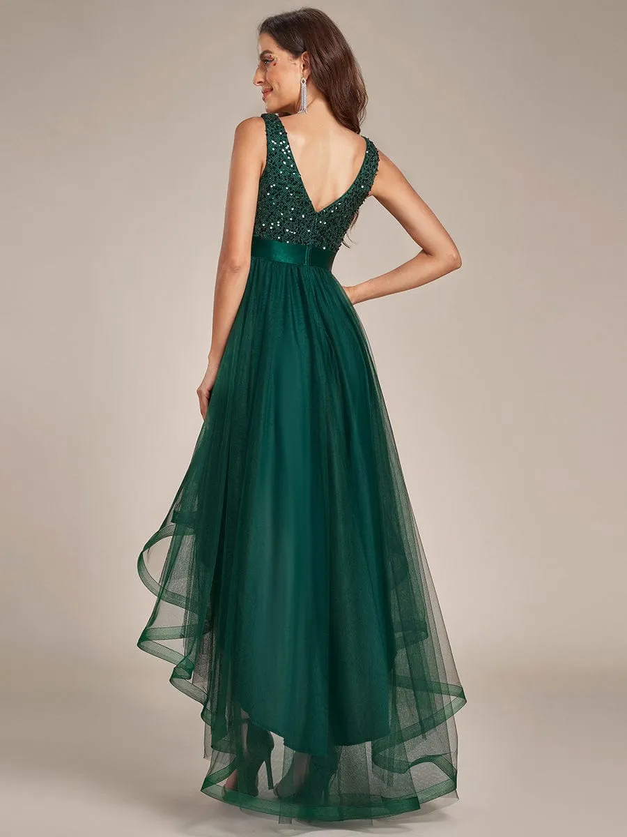 Sequin Bodice Tulle High-Low Evening Dress with Ribbon Waist