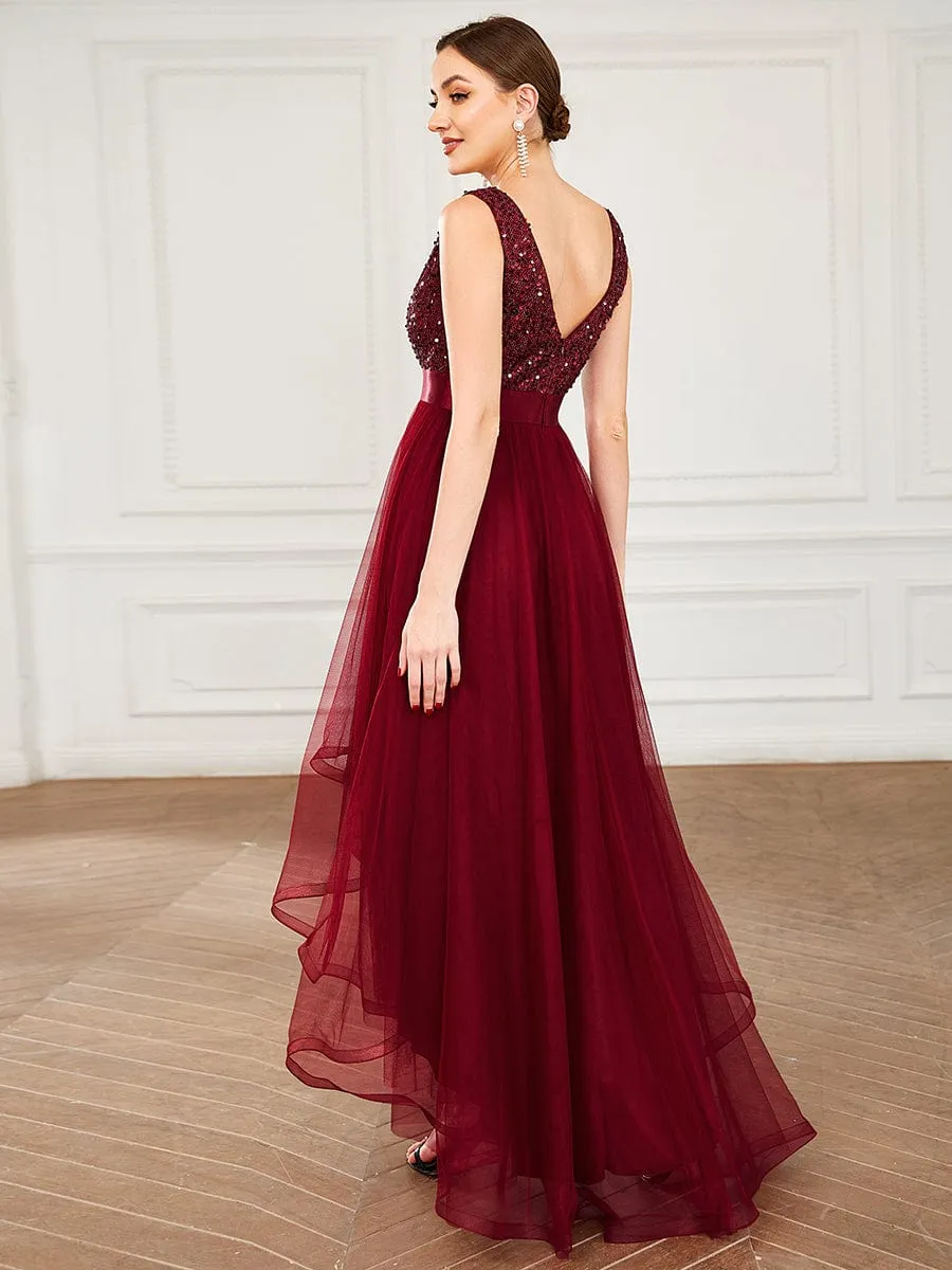 Sequin Bodice Tulle High-Low Evening Dress with Ribbon Waist