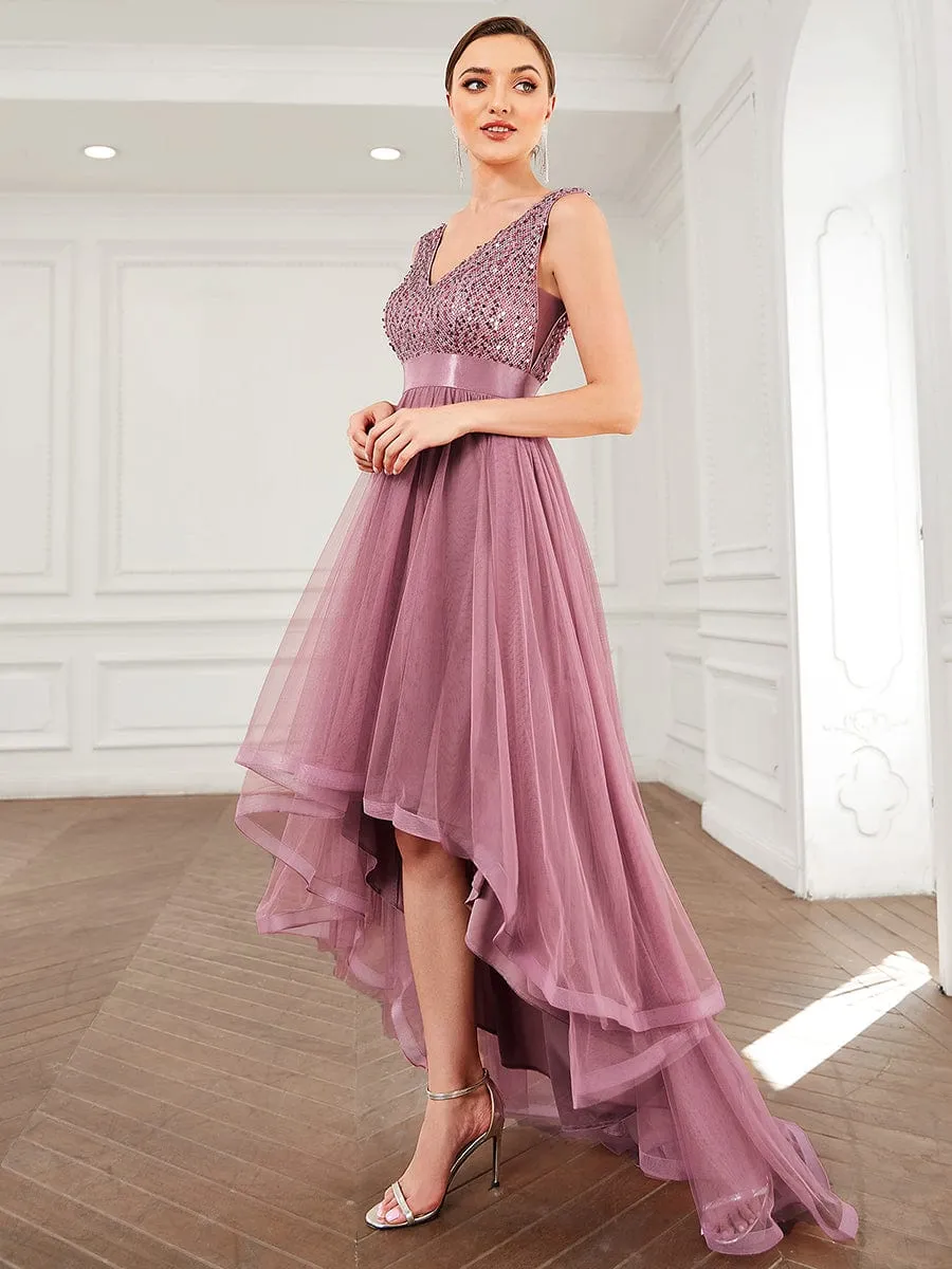 Sequin Bodice Tulle High-Low Evening Dress with Ribbon Waist