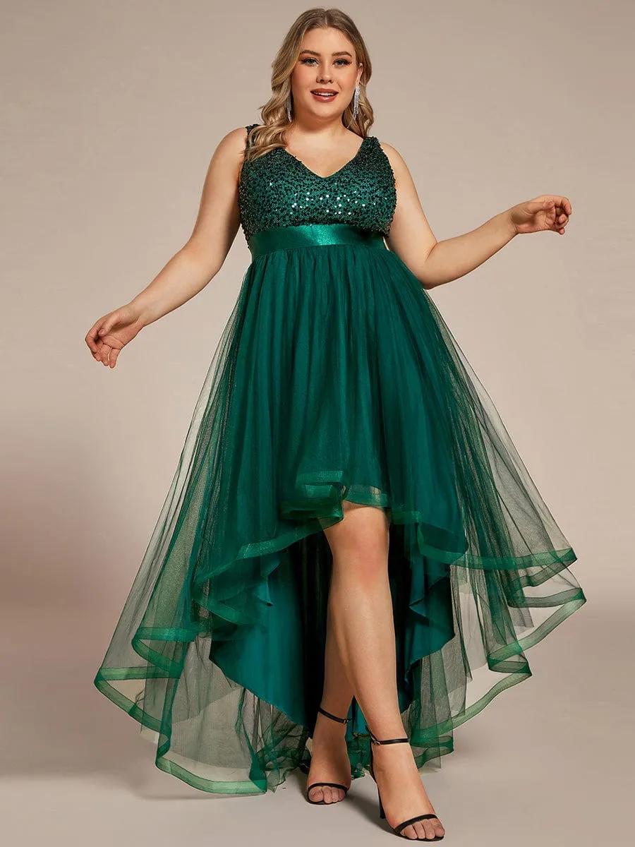 Sequin Bodice Tulle High-Low Evening Dress with Ribbon Waist