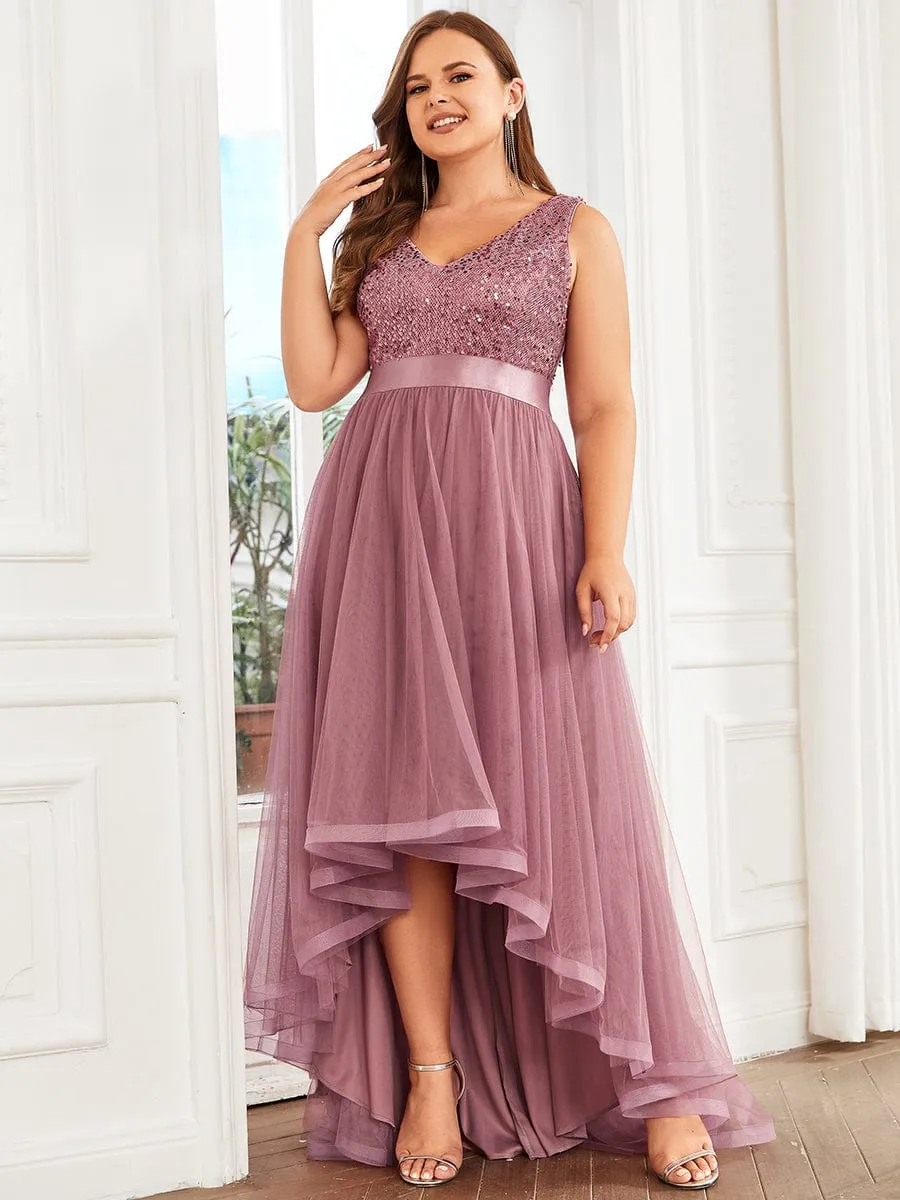 Sequin Bodice Tulle High-Low Evening Dress with Ribbon Waist