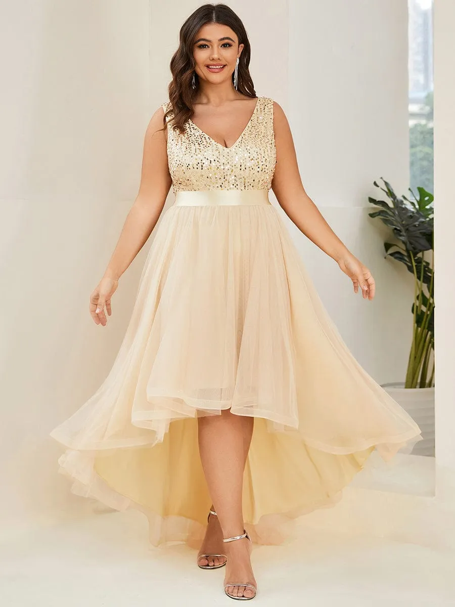 Sequin Bodice Tulle High-Low Evening Dress with Ribbon Waist