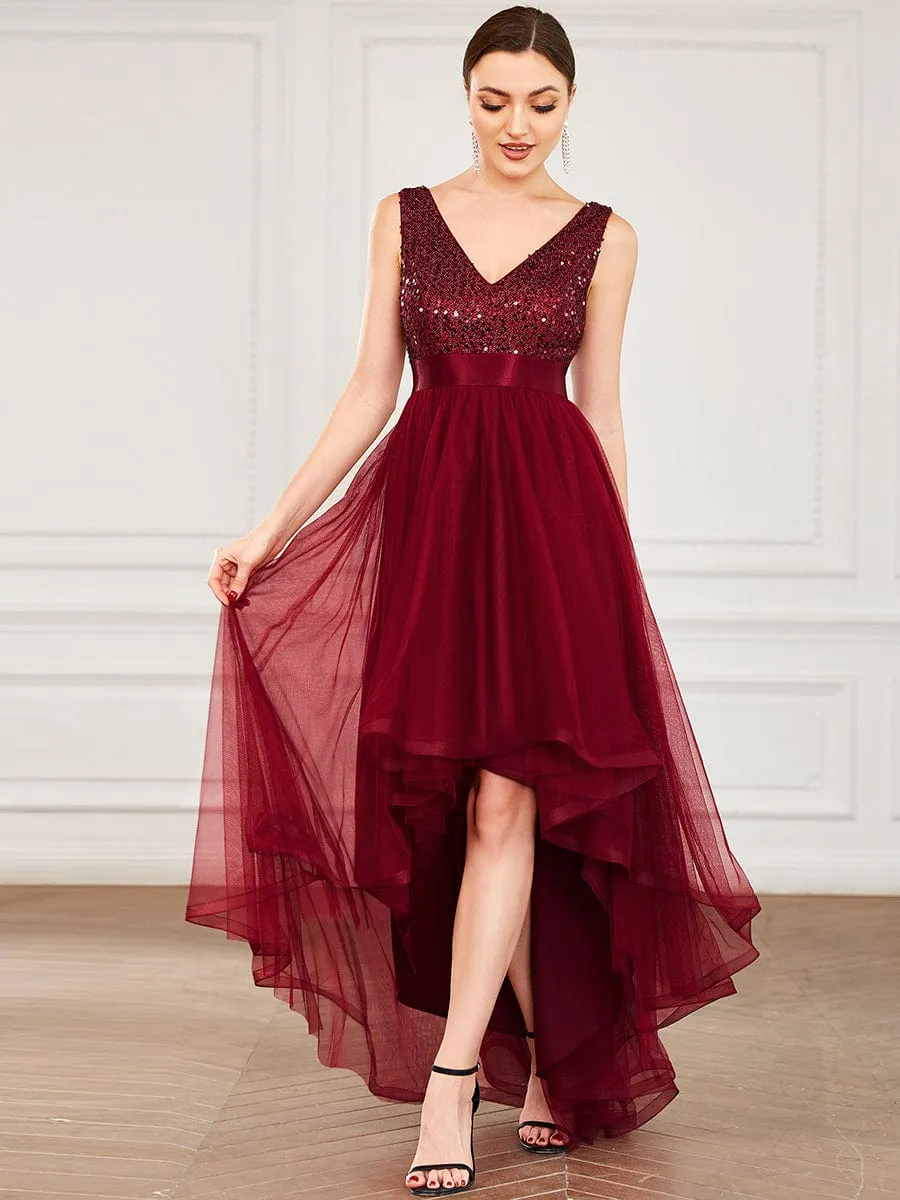 Sequin Bodice Tulle High-Low Evening Dress with Ribbon Waist