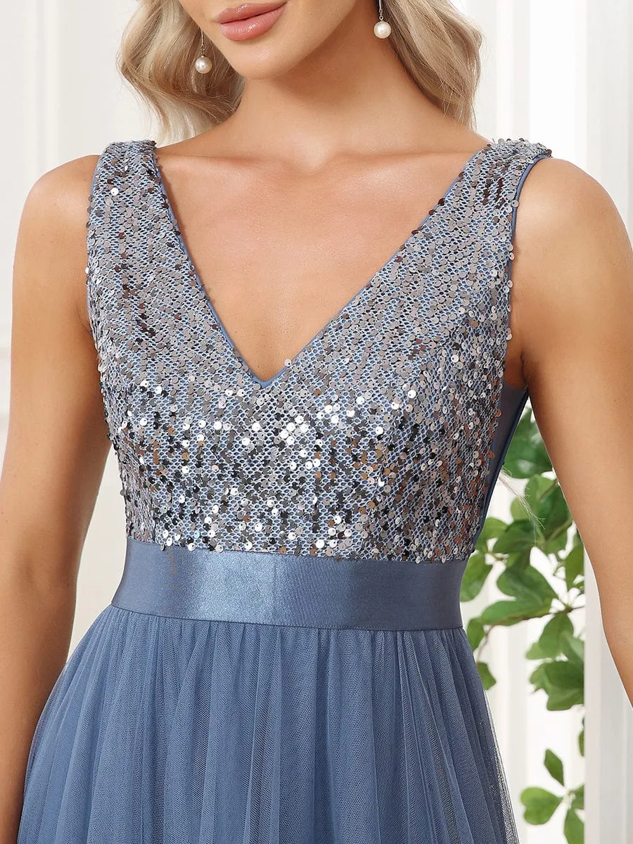 Sequin Bodice Tulle High-Low Evening Dress with Ribbon Waist