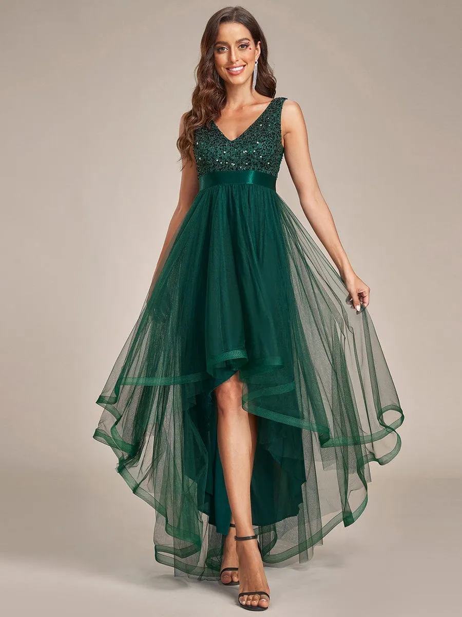 Sequin Bodice Tulle High-Low Evening Dress with Ribbon Waist