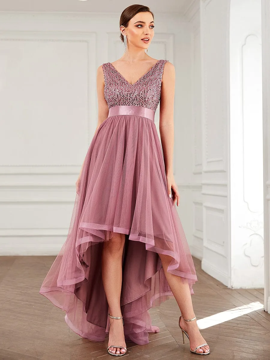 Sequin Bodice Tulle High-Low Evening Dress with Ribbon Waist