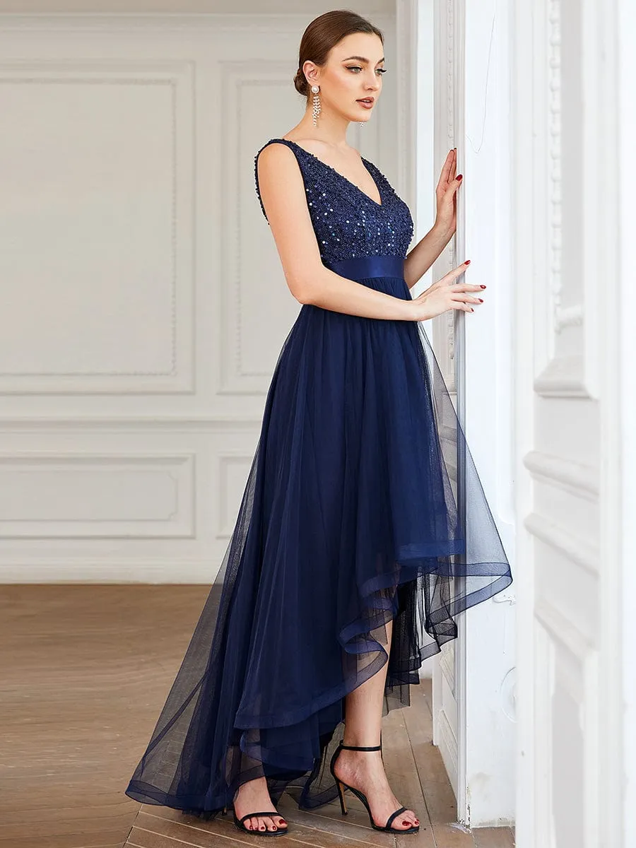 Sequin Bodice Tulle High-Low Evening Dress with Ribbon Waist