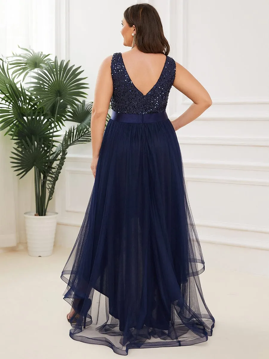 Sequin Bodice Tulle High-Low Evening Dress with Ribbon Waist