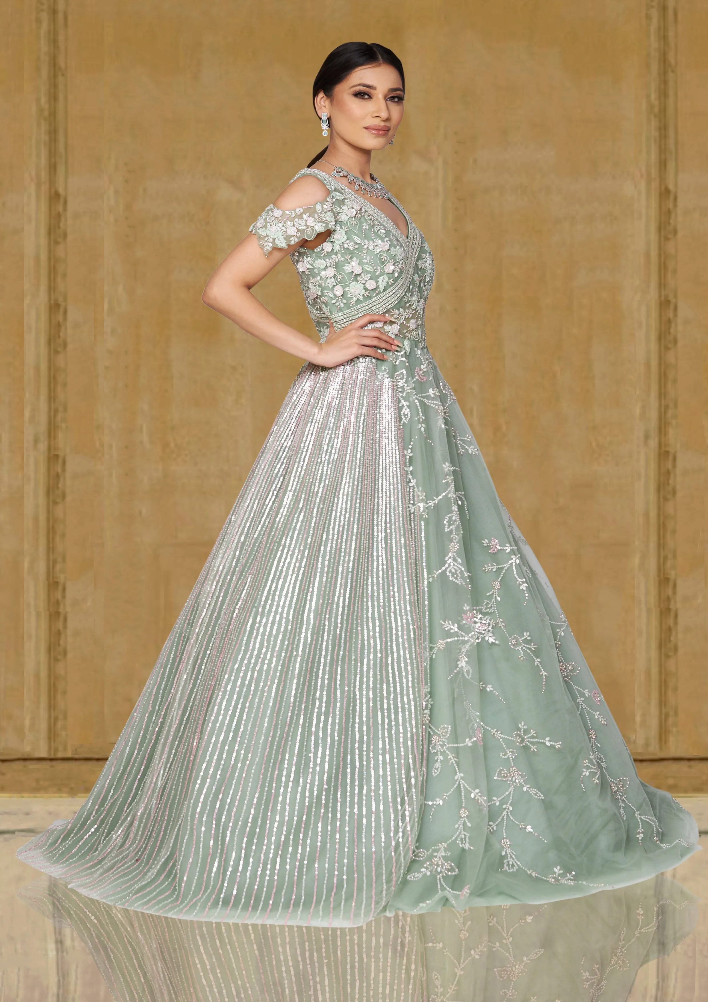 Shimmering Mint Green & Pink Reception Gown