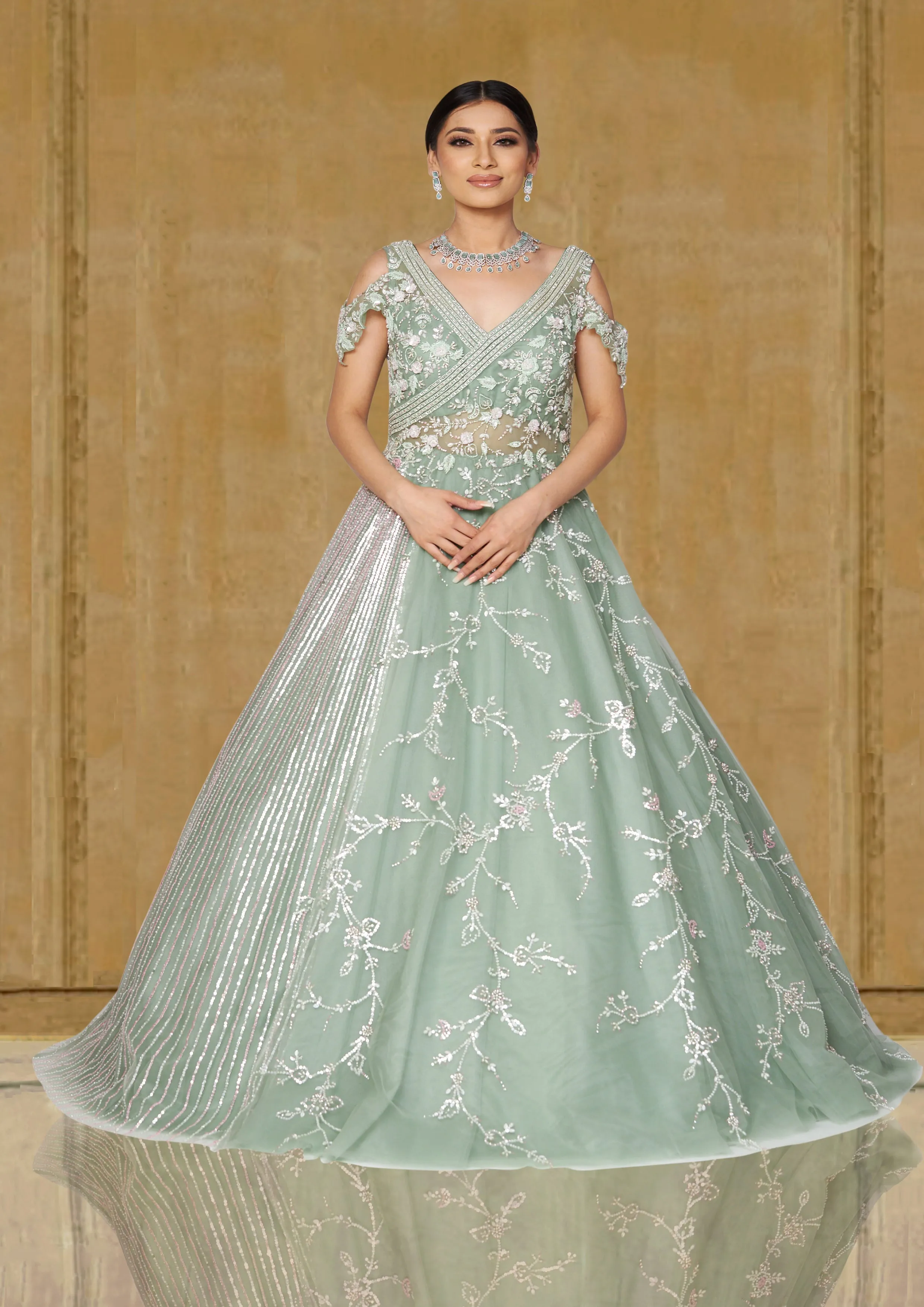 Shimmering Mint Green & Pink Reception Gown