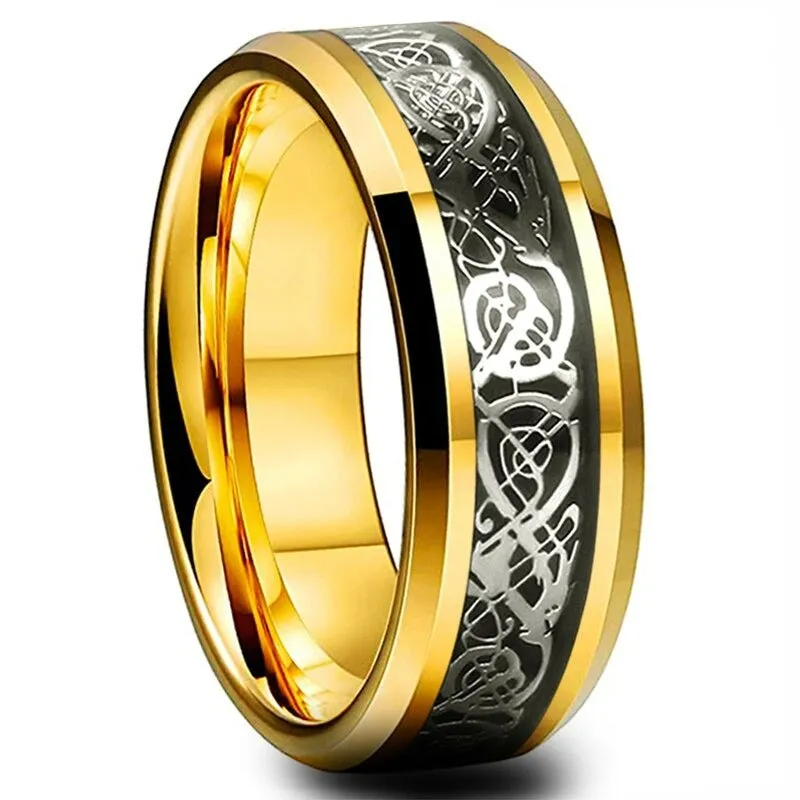 Silver Celtic Dragon Wedding Ring in Gold Tungsten (8mm)