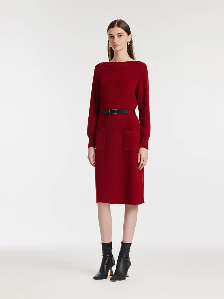 Slash Neck Knitted Women Midi Dress With Belt