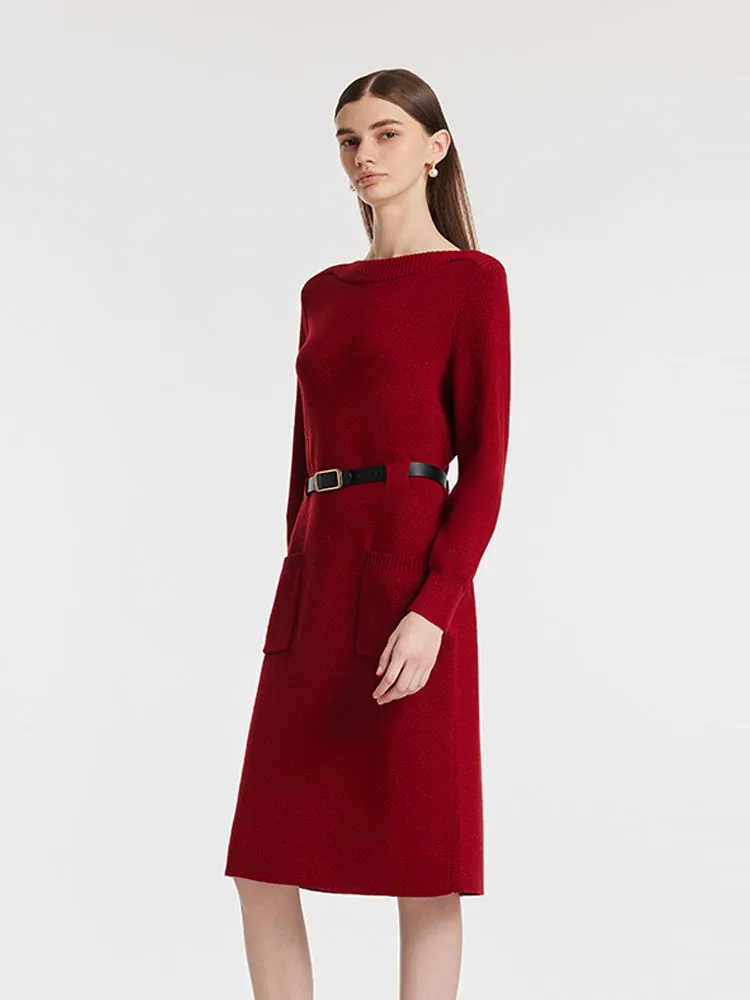 Slash Neck Knitted Women Midi Dress With Belt