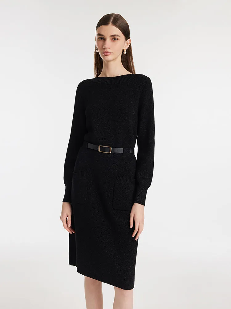 Slash Neck Knitted Women Midi Dress With Belt