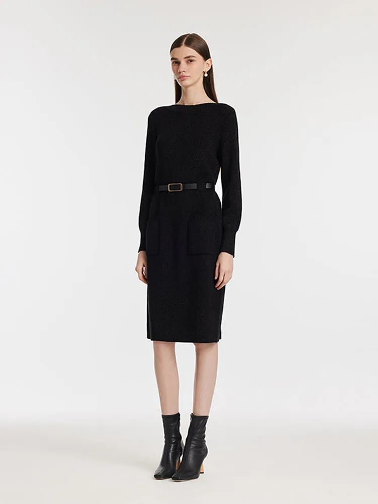 Slash Neck Knitted Women Midi Dress With Belt