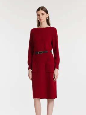 Slash Neck Knitted Women Midi Dress With Belt