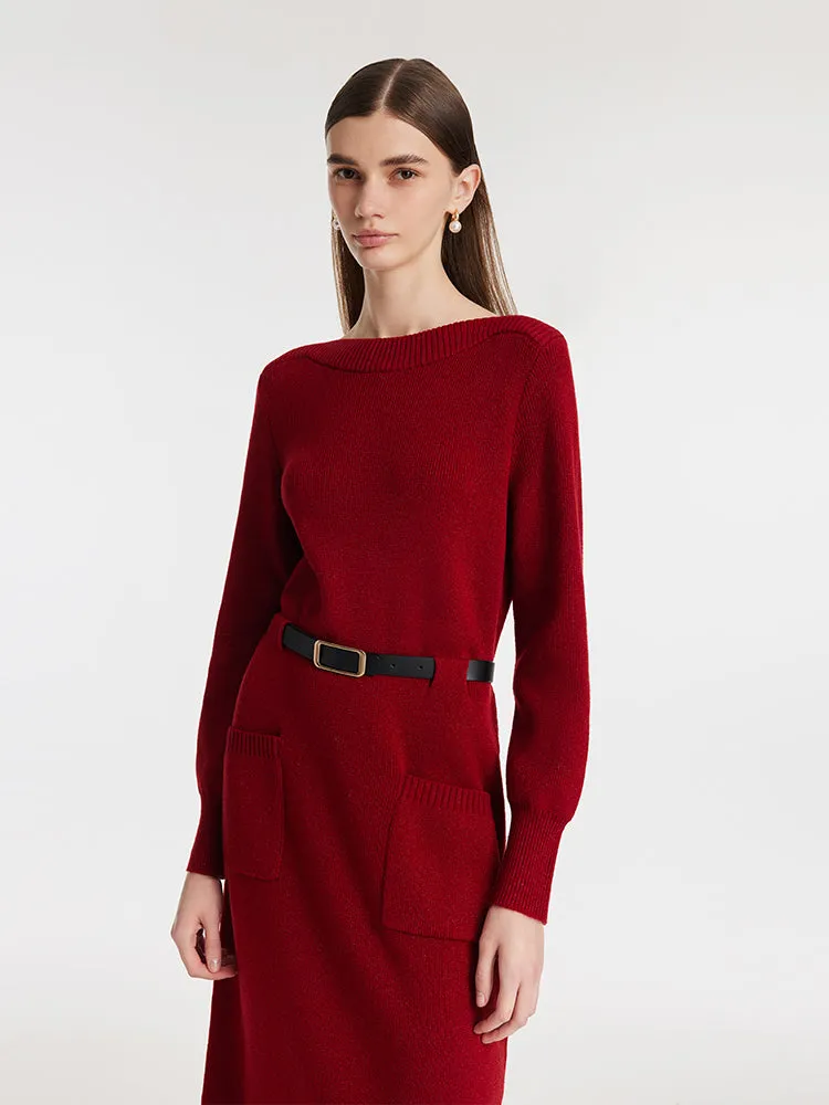 Slash Neck Knitted Women Midi Dress With Belt