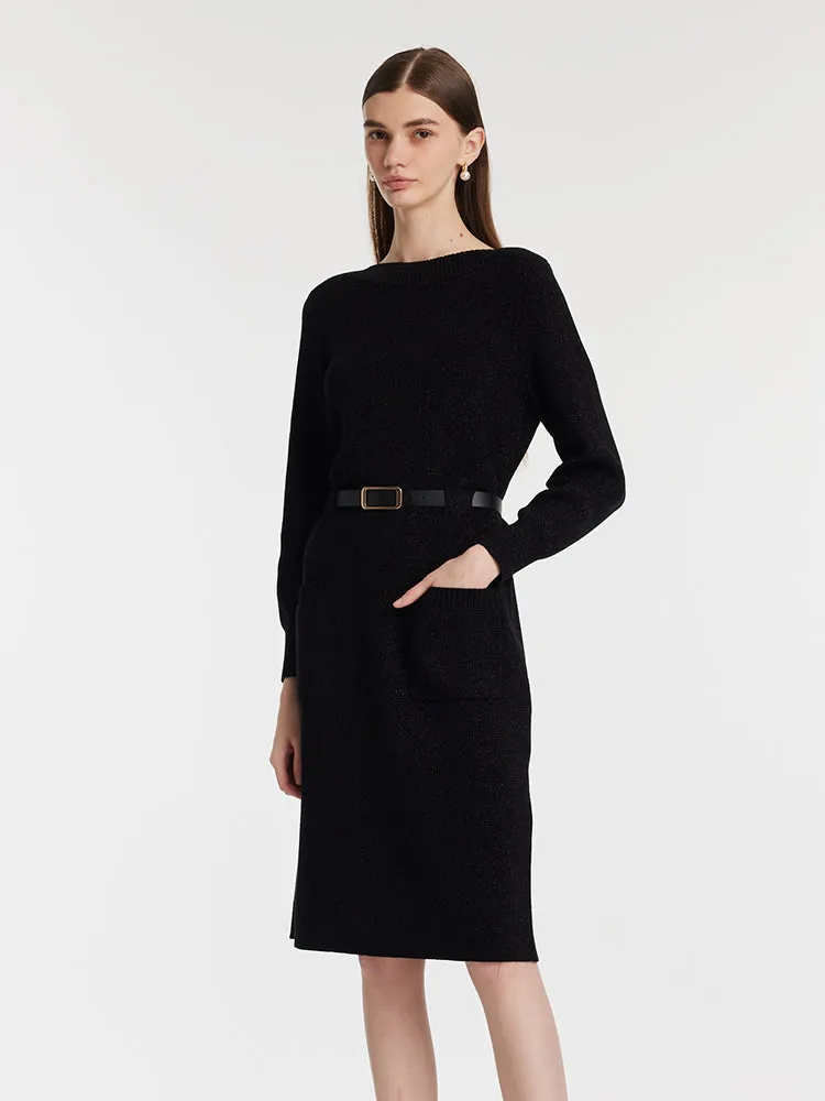 Slash Neck Knitted Women Midi Dress With Belt