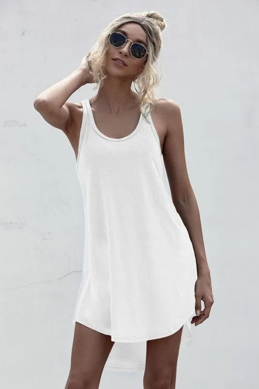 Solid Casual O-neck Sleeveless Tank Dress Women Loose Off Shoulder Asymmetrical Cotton Mini Dress Summer Y2K Vestidos Streetwear