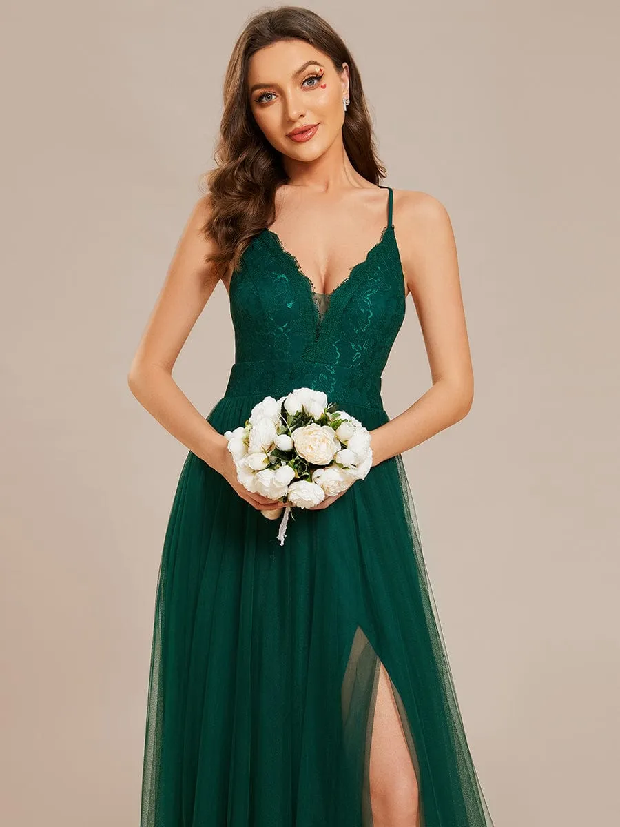 Spaghetti Straps Cross-Back Lace Top A-Line High Slit Tulle Bridesmaid Dress